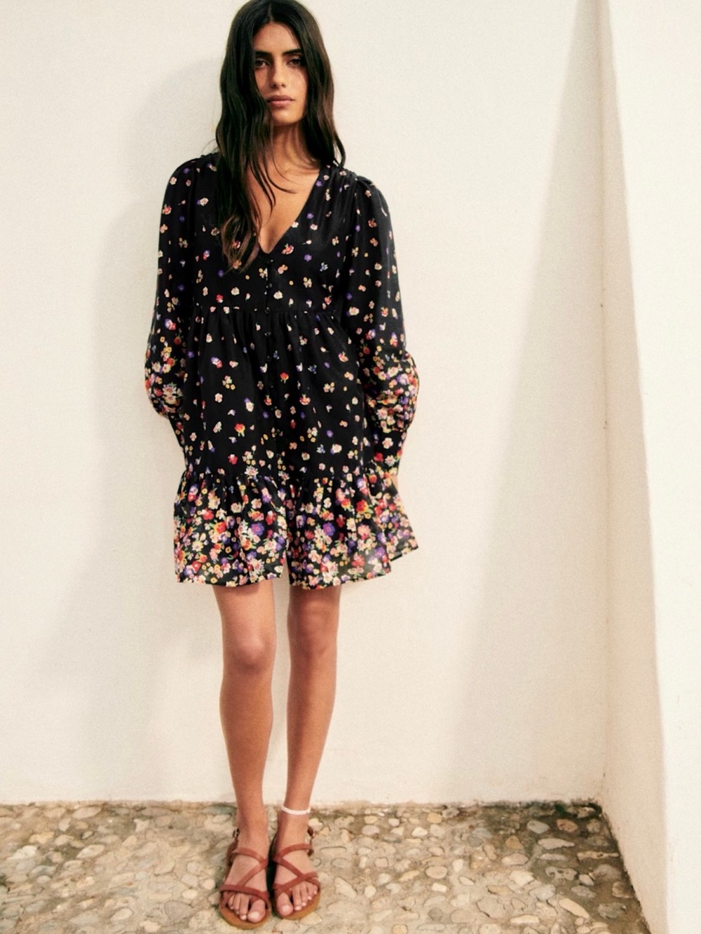 Sezane Aurelie Dress Black Mini Dress with Multicolor Floral Print